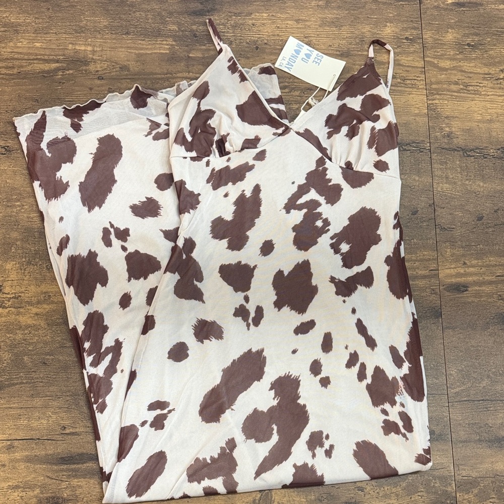 NWT Brown and Cream Cow Print Spaghetti Strap Dress